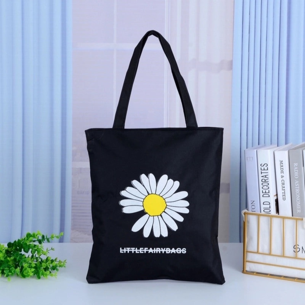 Black Canvas Tote Bag with Daisy Design